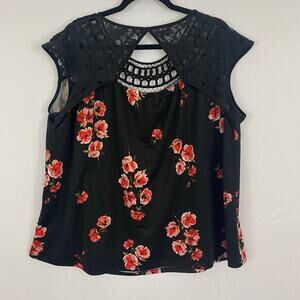 Maurices Black Floral Sleeveless Top with Lace and Keyhole Detail, Size 2
